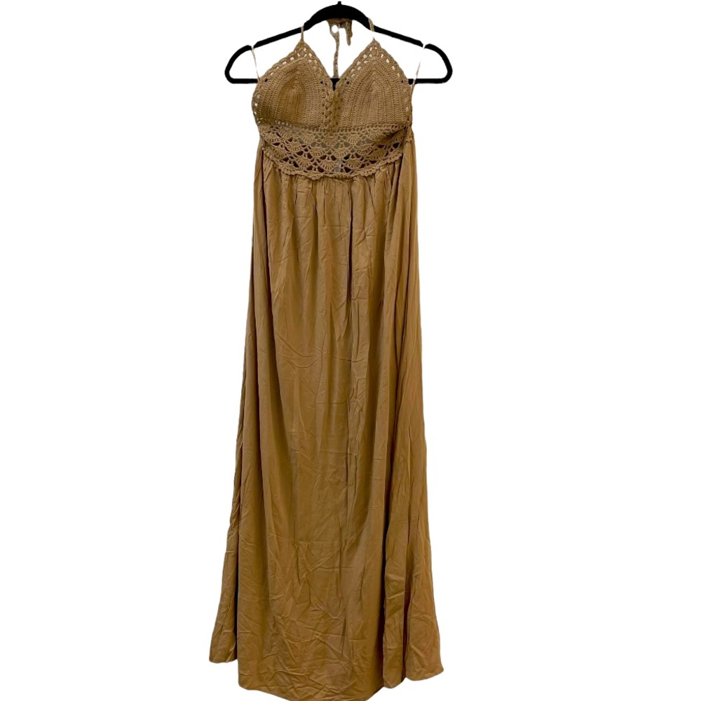 LIL Better tan crocheted bohemian halter style maxi long beach backless …